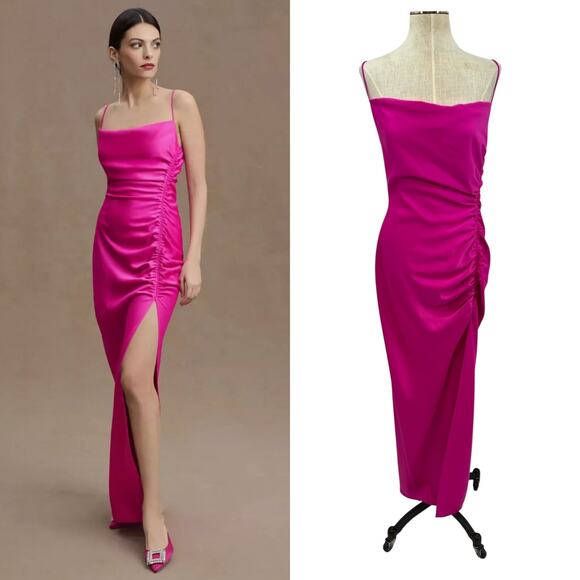 Bhldn Jennings Satin Dress Cowl-Neck‎ Ruched Side-Slit Satin Gown Fuchsia Size 4 - Picture 1 of 16